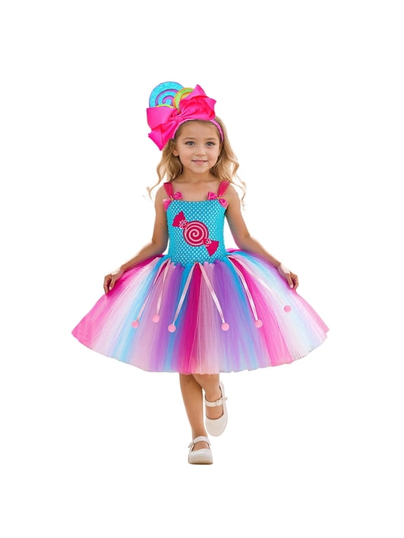 Girls Rainbow Candy Tutu Dress Cosplay Elegant Court Style Mesh Puffy Skirt For Dance Performance Party Daily Wear