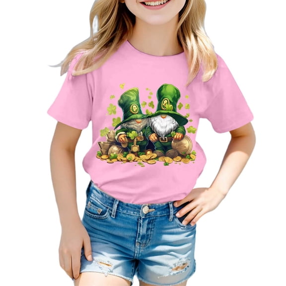 FUZHIQ Girls Shamrock Shirts Funny Irish Clover Pattys Short Spring Summer Shirt Top Crew Neck Holiday Party Outdoor Girls T Shirts Size 10-12(Pink,2-3 Years)