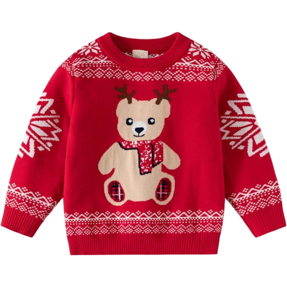 FUZHIQ Girls'Sweaters Reindeer Printed Pullover Sweater Fleece Lined Girls Cozy Knit Christmas Pullover for 4-5 Years