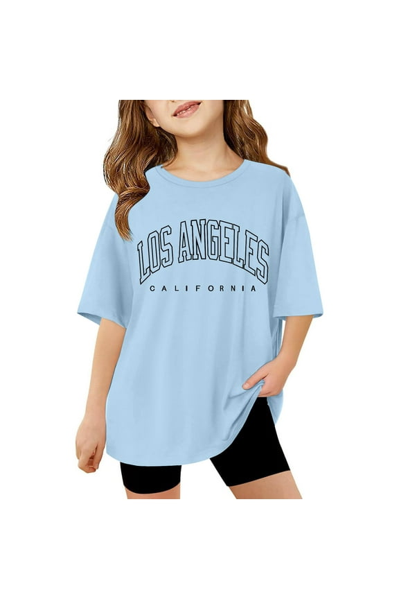 Girls' Tops, Tees & Blouses Letter Graphic Print Short Sleeve T-Shirts Oversized Shirts Back To School Holiday Casual Round Neck Summer Blouse for Girls