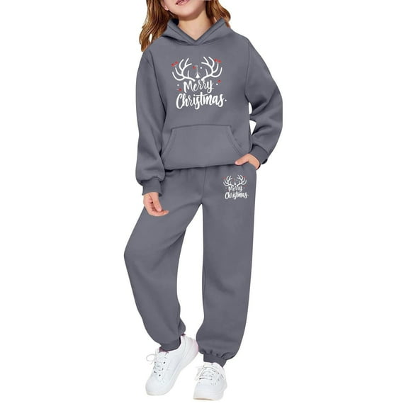 FUZHIQ Girls Tracksuit Set 2 Piece Christmas Print Long Sleeve Top and Jogger Pants Holiday Party Wear Pullover 2Pcs Winter Kids Clothes Grey for 13-14 Years