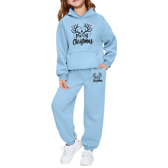 FUZHIQ Girls Tracksuit Set 2 Piece Christmas Print Long Sleeve Top and Jogger Pants Holiday Party Wear Pullover 2Pcs Winter Kids Clothes Light Blue for 7-8 Years