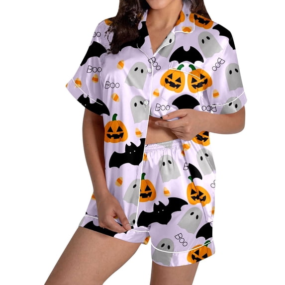 FUZHIQ Halloween Button Down Pajamas Women Oversized Top and Shorts Breathable Cute Halloween Print Sleepwear for Women