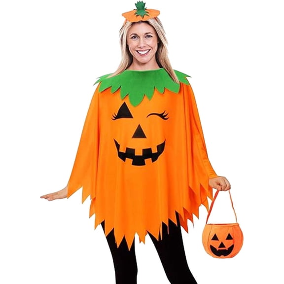 FUZHIQ Halloween Costumes Woman 2026 - Plus Size Pumpkin Poncho with Headband and Handbag Adult Cosutme Set