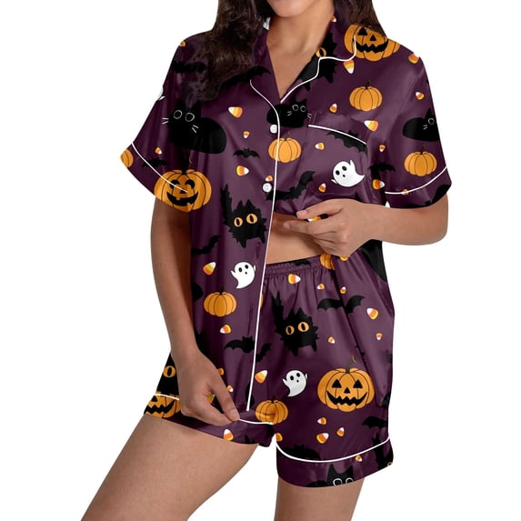 FUZHIQ Halloween Silky Pajamas for Women Relaxed Fit Tee and Shorts Soft Halloween Themed Print Loungewear