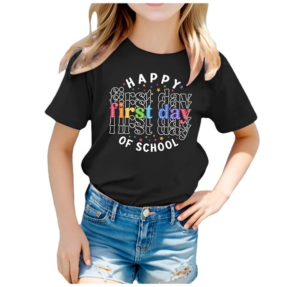 FUZHIQ Happy Back To School for Girls Everyday Basic Letter Print Hello Kindergarten Shirt for Boys Stretchy Graphic Crewneck Short Sleeve Tops