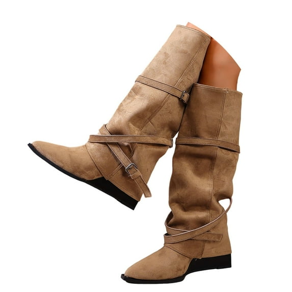 FUZHIQ Knee High Boots Women Fold Over Boots Women Flat Heel Mid Calf Western Boots Wedge Heel Slouchy Tall Boots Zipper Pointed Toe Dress Fall Long Boot for Women