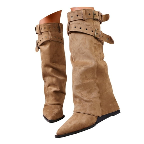 FUZHIQ Knee High Boots Women Fold Over Boots Women Flat Heel Mid Calf Western Boots Wedge Heel Slouchy Tall Boots Zipper Pointed Toe Dress Fall Long Boot for Women