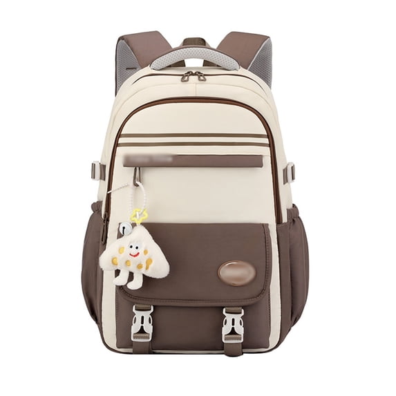FUZHIQ Large Capacity School Backpack with Cute Plush Charm, Multi Pocket Padded Straps Bookbag for Ages 7-13, Durable Back to School Daypack, Brown