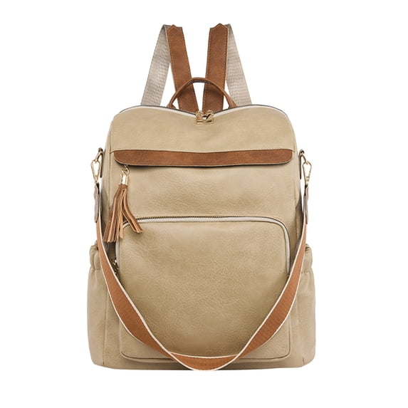FUZHIQ Leather Backpack Purse for Women Convertible Shoulder Bag Fashion Casual Daypack with Tassel Detail Multi Pocket for Work Travel Daily Use, Khaki