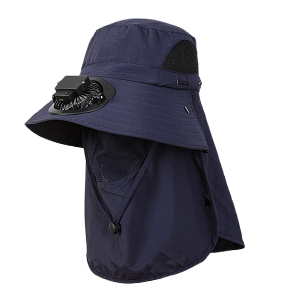 FUZHIQ Lightweight Cooling Fan Hat with Neck & Face Cover, Solar Powered Wide Brim Sun Hat with Breathable Mesh Window, Adjustable Fan for Men Women Fishing Hiking Camping Beach,One Size