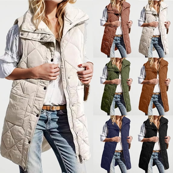 FUZHIQ Long Puffer Vests for Women Puffer Vest Lightweight Sleeveless Warm Button Full Zip Up Fall Winter Coat Outerwear Puffer Vests Hooded Black