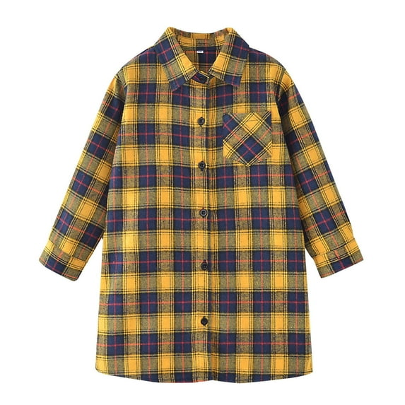 FUZHIQ Long Sleeve Top for Girls Girls Toddler Plaid Pleated Mini Dress Button Down Plaid Flannel Shirts Long Sleeve Casual Dress Yellow,6-7 Years