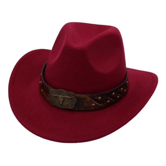 FUZHIQ Men Women Vintage Western Cowboy Hat Bull Head Buckle Decor Wide Brim Unisex for Outdoor Travel Party Daily Wear