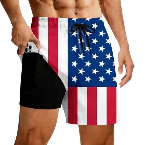 FUZHIQ Men's 2 in 1 Swim Trunks with Compression Liner 4th of July American Flag Quick Dry Board Shorts with Pockets Patriotic Stretchy Bathing Suits for Summer Swimming Surfing,L