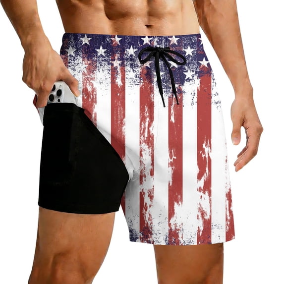 FUZHIQ Men's 2 in 1 Swim Trunks with Compression Liner 4th of July American Flag Quick Dry Board Shorts with Pockets Patriotic Stretchy Bathing Suits for Summer Swimming Surfing,2XL
