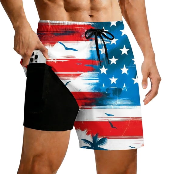 FUZHIQ Men's 2 in 1 Swim Trunks with Compression Liner 4th of July American Flag Quick Dry Board Shorts with Pockets Patriotic Stretchy Bathing Suits for Summer Swimming Surfing,L