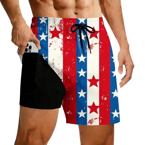 FUZHIQ Men's 2 in 1 Swim Trunks with Compression Liner 4th of July American Flag Quick Dry Board Shorts with Pockets Patriotic Stretchy Bathing Suits for Summer Swimming Surfing,XL