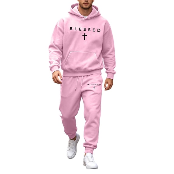 FUZHIQ Men's 2 Piece Sweatsuits Set, Blessed Cross Graphic Hoodie & Jogger Pants, Casual Athletic Tracksuit with Kangaroo Pocket Drawstring Waist for Christian Faith Outfit