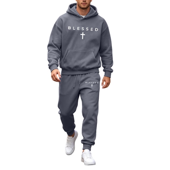 FUZHIQ Men's 2 Piece Sweatsuits Set, Blessed Cross Graphic Hoodie & Jogger Pants, Casual Athletic Tracksuit with Kangaroo Pocket Drawstring Waist for Christian Faith Outfit