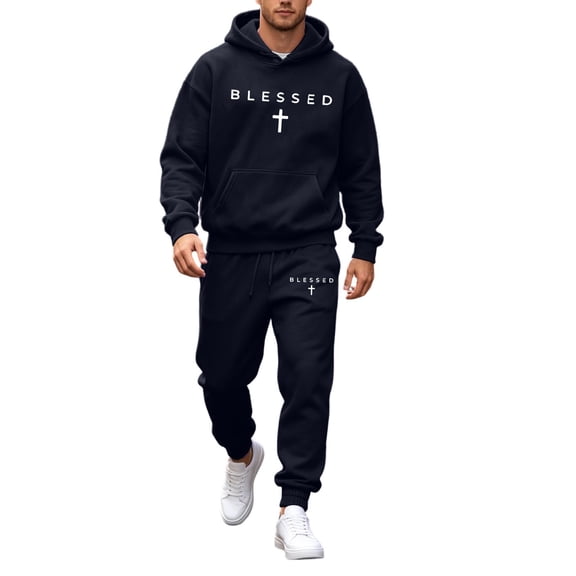FUZHIQ Men's 2 Piece Sweatsuits Set, Blessed Cross Graphic Hoodie & Jogger Pants, Casual Athletic Tracksuit with Kangaroo Pocket Drawstring Waist for Christian Faith Outfit