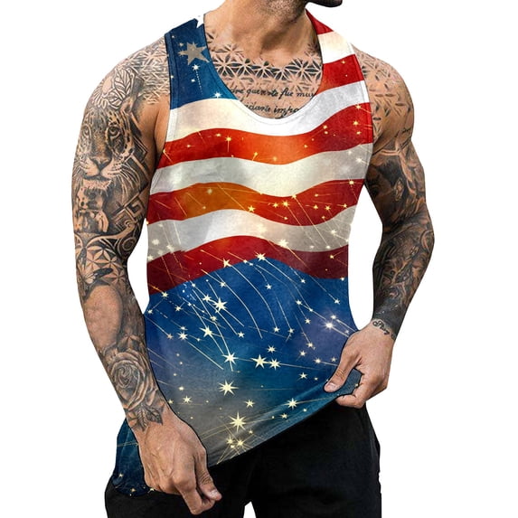 FUZHIQ Men's 4th of July Tank Top Starry American Flag Design Sleeveless Muscle Shirt Casual Breathable Vest for Independence Day Summer Beach Gym Daily Wear,M