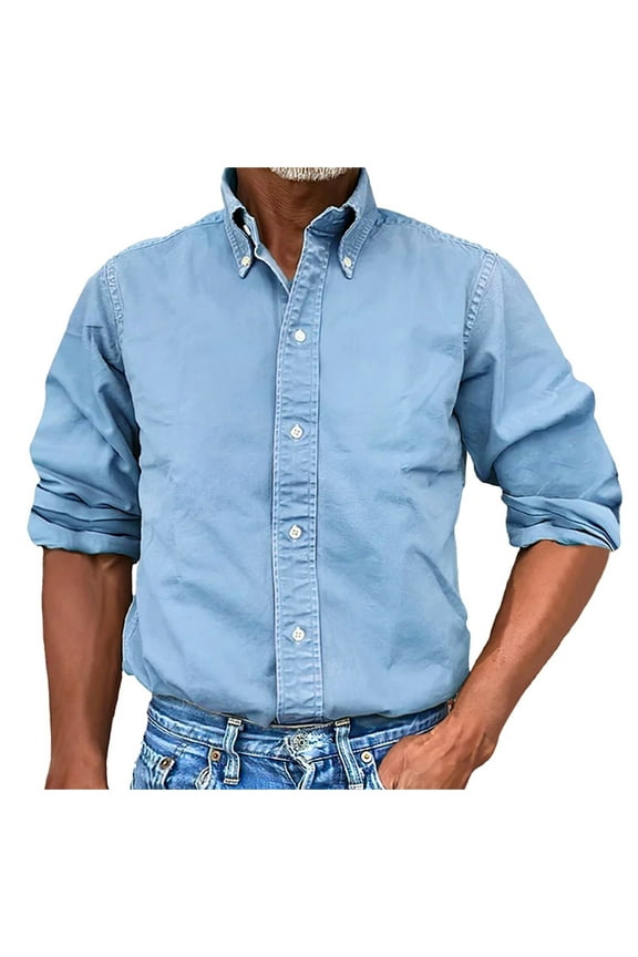Men's Casual Button Down Shirt Solid Slim Fit Long Sleeve Untucked Shirt Denim Casual Business Formal Dress Shirt