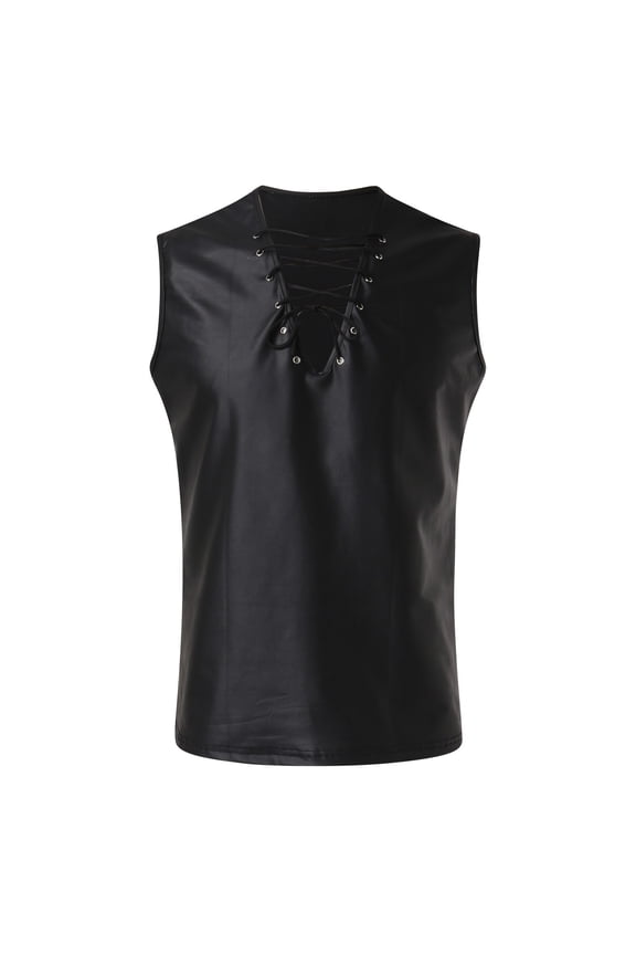Men's Leather Vest Lace Up Sleeveless Gothic Punk V Neck Tank Top for Stage Performance Motorcycle Casual Daily Wear,XXXXL