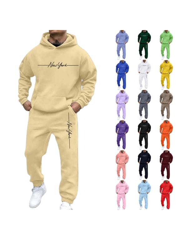 Men’s Matching Sweat Outfit Big and Tall Pullover Warm Tracksuit Sweatsuit Set Regular Fit Hooded Sweat Matching Set Ribbed Cuffs Fall Winter