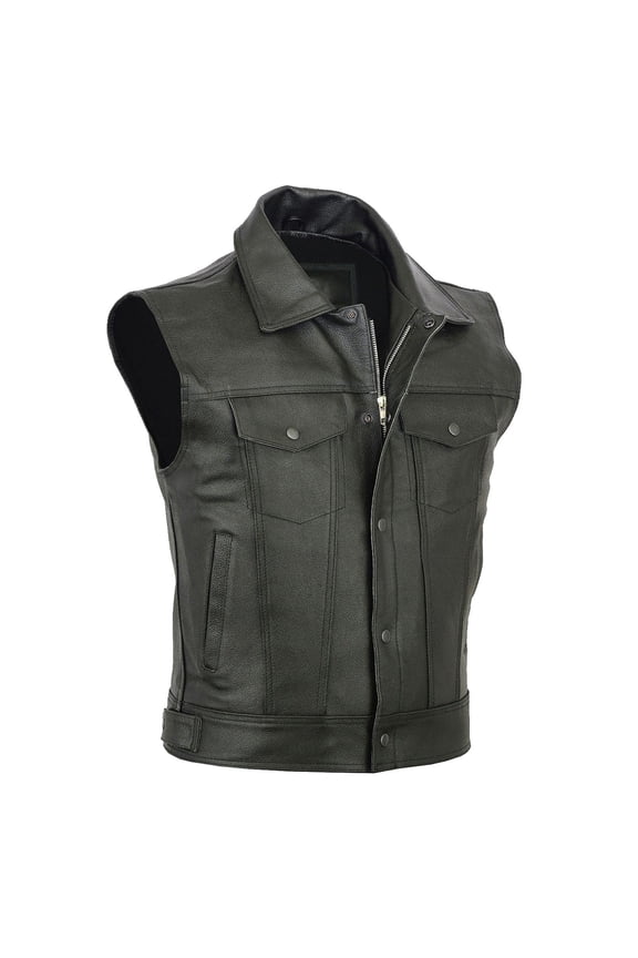 Men's Motorcycle Vest Classic Lapel Collar Faux Leather Zip Up Button Down Sleeveless Biker Jacket for Riding Workwear Outdoor Daily Wear,M