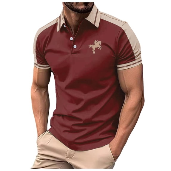 FUZHIQ Men's Polo Shirts Short Sleeve Color Block Horse Embroidery Casual Golf Polo Breathable Lightweight Business Daily Wear Fashion Collared Tops,M