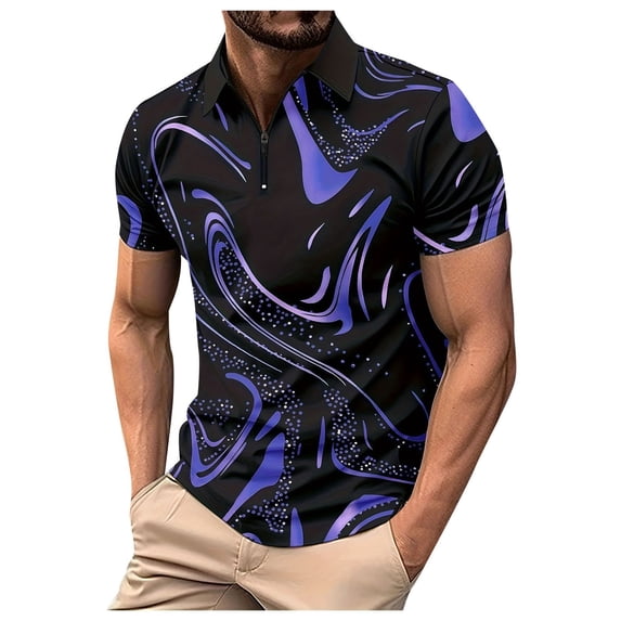 FUZHIQ Men's Polo Shirts Short Sleeve Gradient Print Rhinestone Detail Casual Golf Polo Breathable Quick Dry Party Daily Wear Fashion Collared Shirt,S