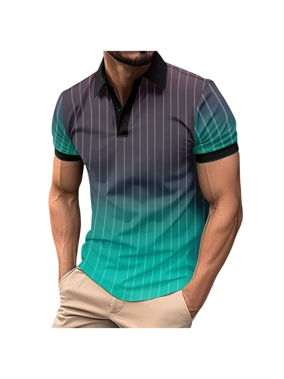 Men's Polo Shirts Short Sleeve Gradient Vertical Striped Print Casual Golf Polo Breathable Soft Fabric Business Work Daily Wear Fashion Collared Shirt,L