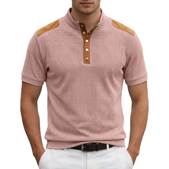 FUZHIQ Men's Stand Collar Short Sleeve Polo Shirts Slim Fit Contrast Shoulder Patch, Breathable Soft Multi Colors for Summer Business Casual Daily Wear,M