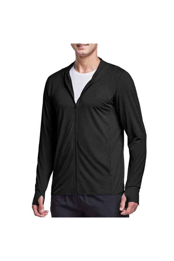 Men's UPF 50+ Sun Protection Hooded Jacket, Basic Solid Color Raglan Sleeve Lightweight Breathable Full Zip Coat, Casual Outwear for Daily Commute Outdoor Walking,S