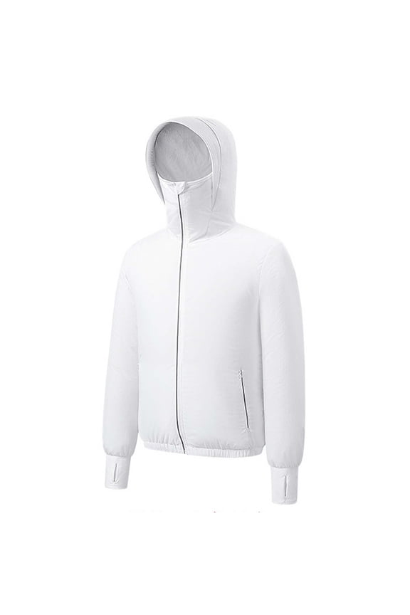 Men's UPF 50+ Sun Protection Hooded Jacket with Cooling Fan, Full Coverage Face Cover Breathable Quick Dry Coat, Outdoor Outwear for High Temp Work Hiking Camping,M