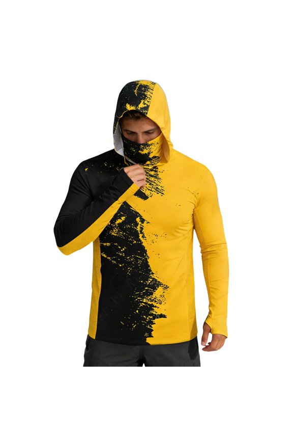 Men's UPF 50+ Sun Protection Hooded Jacket with Face Cover, Camouflage Print Color Block Breathable Coat, Outwear for Fishing Sailing Outdoor Activities,S