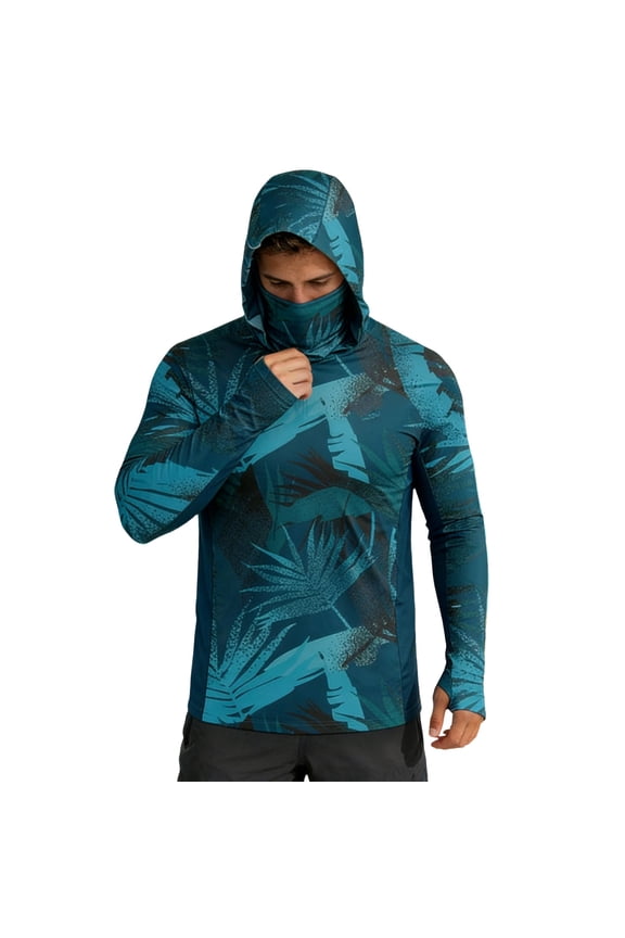 Men's UPF 50+ Sun Protection Hooded Jacket with Face Cover, Camouflage Print Color Block Breathable Coat, Outwear for Fishing Sailing Outdoor Activities,S