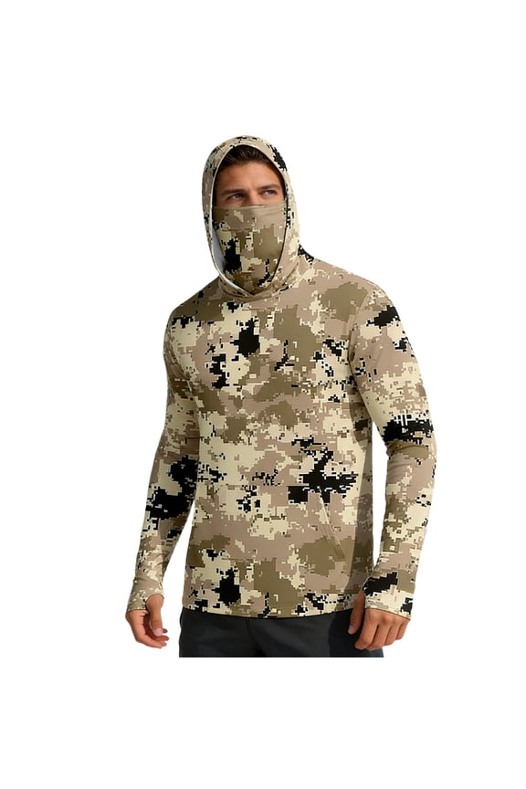 Men's UPF 50+ Sun Protection Hooded Jacket with Face Cover, Camouflage Print Color Block Breathable Coat, Outwear for Fishing Sailing Outdoor Activities,XL