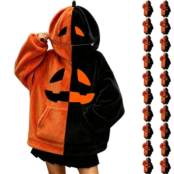 FUZHIQ Mens Womens Halloween Pumpkin Blanket Hoodie Oversized Sweatshirt with Face Mask Jack O Lantern for Cosplay Holiday Party, S-XXXL