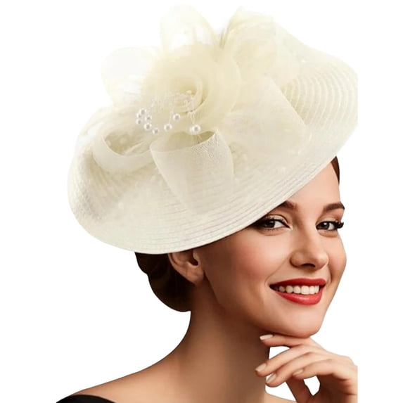 FUZHIQ Mesh Flower Feather Derby Fascinator Hat, Wide Brim Tea Party Headwear for Women, Wedding & Stage Show Fashion Accessory
