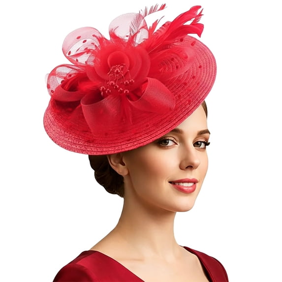 FUZHIQ Mesh Flower Feather Derby Fascinator Hat, Wide Brim Tea Party Headwear for Women, Wedding & Stage Show Fashion Accessory
