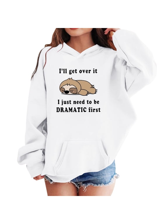 Oversized Graphic Hoodie for Girl Lazy Sloth Slogan Print Preppy Hoody Sweatshirt Cute Casual Sweater Tops,13-14 Y