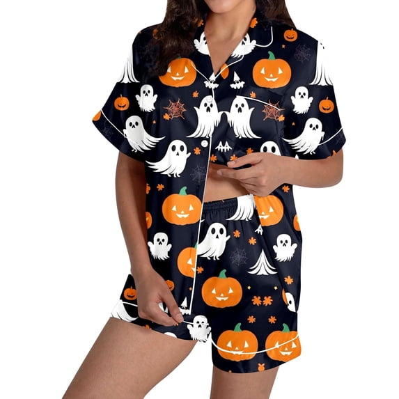 FUZHIQ Pajamas for Women Set Regular Fit Short Sleeve Tops and Shorts Elastic for Sleeping, Lounging, Halloween Party