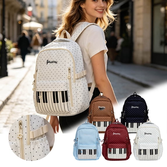 FUZHIQ Piano School Backpack for 3rd 4th 5th 6th Grade, Cute Polka Dot Piano Music Bookbag, Multi Pocket Lightweight for Ages 7-13 Elementary Back to School Bag, Light Blue