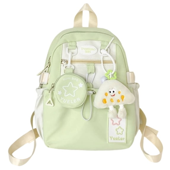 FUZHIQ School Backpack for 1st 2nd 3rd 4th Grade, Cute Star Decor Bookbag with Matching Coin Purse & Plush Pendant, Multi Pocket Lightweight Bag for Ages 5-12 Back to School, Green