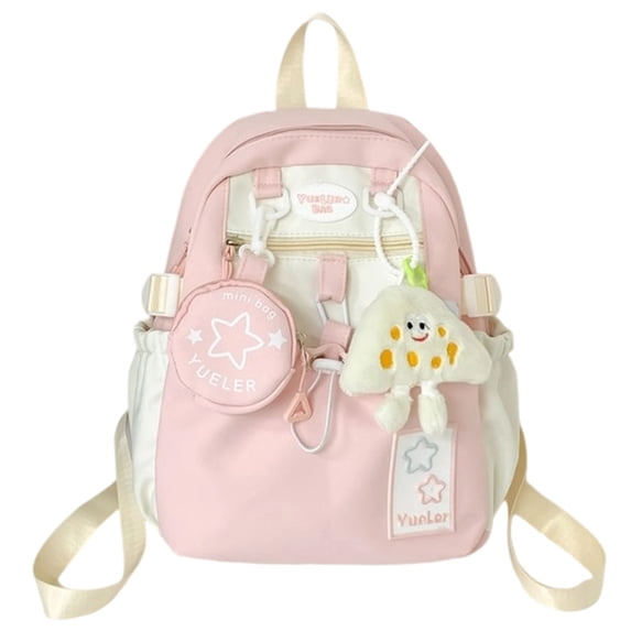 FUZHIQ School Backpack for 1st 2nd 3rd 4th Grade, Cute Star Decor Bookbag with Matching Coin Purse & Plush Pendant, Multi Pocket Lightweight Bag for Ages 5-12 Back to School, Pink