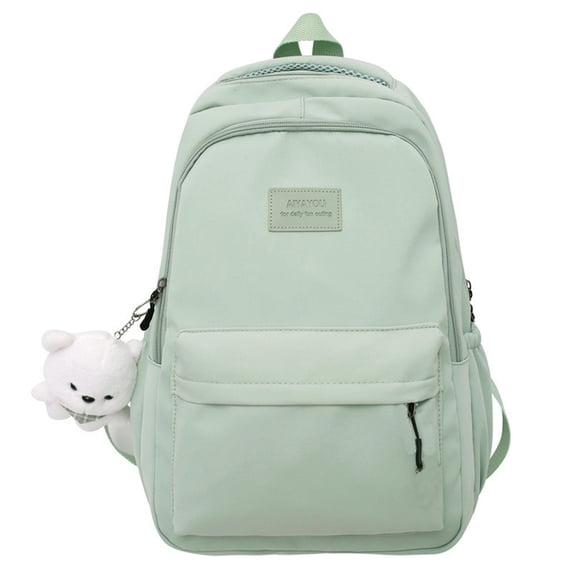 FUZHIQ School Backpack for 3rd 4th 5th 6th Grade, Cute Solid Color Bookbag with Plush Pendant Front Pocket & Adjustable Straps, Water Resistant Elementary School Backpack, Light Green