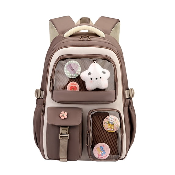 FUZHIQ School Backpack with Clear Display Window for 4th 5th 6th 7th Grade, Multi Compartment Bookbag with Plush Star Charm, Casual Elementary Middle School Bag, Brown