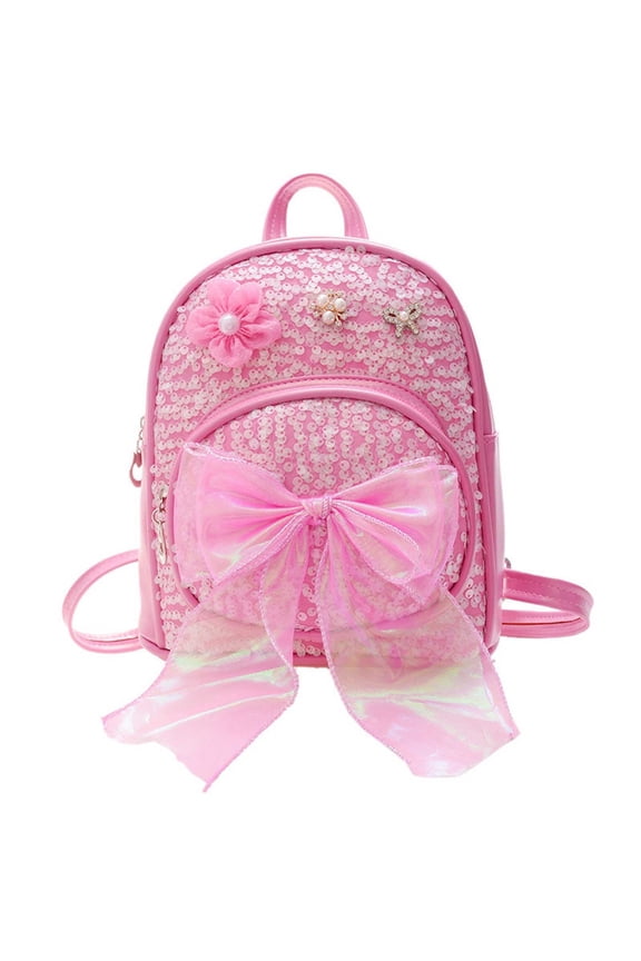 Sequin Bow School Backpack for 1st 2nd 3rd 4th Grade, Sparkly Glitter Bookbag with Mesh Bow Decor, Cute Lightweight Elementary School Bag, Hot Pink